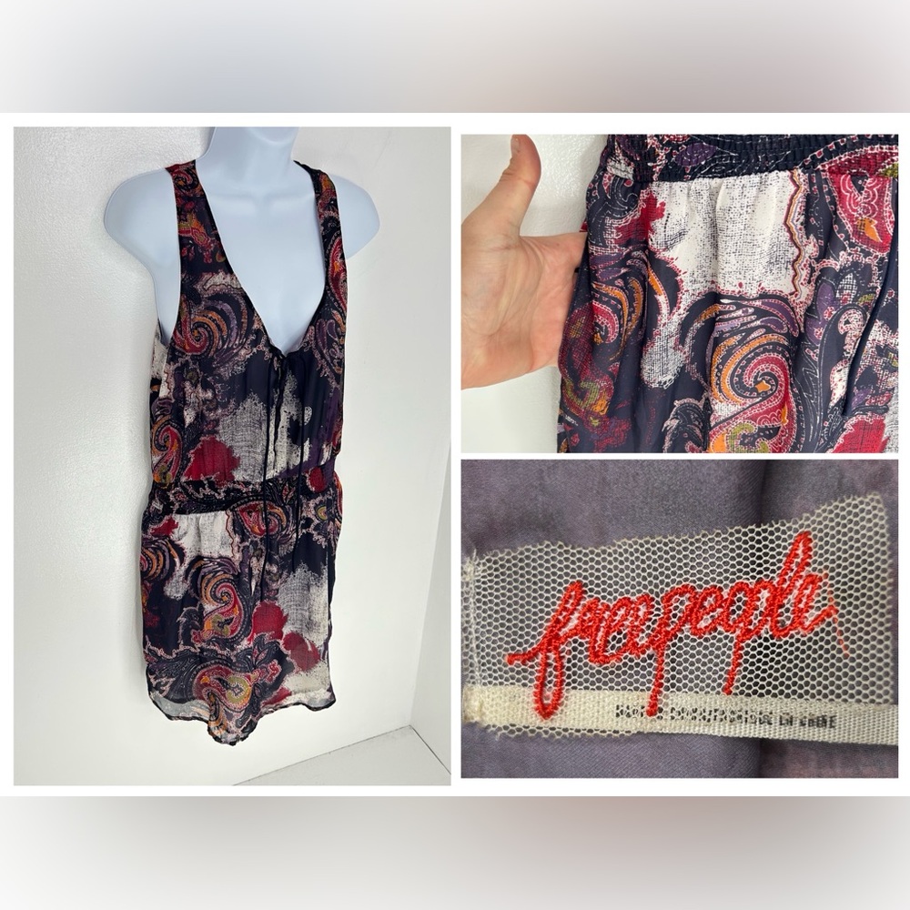 Free People‎ Sleeveless Elastic Waist Scoop Neck Abstract Art Mini Dress Small